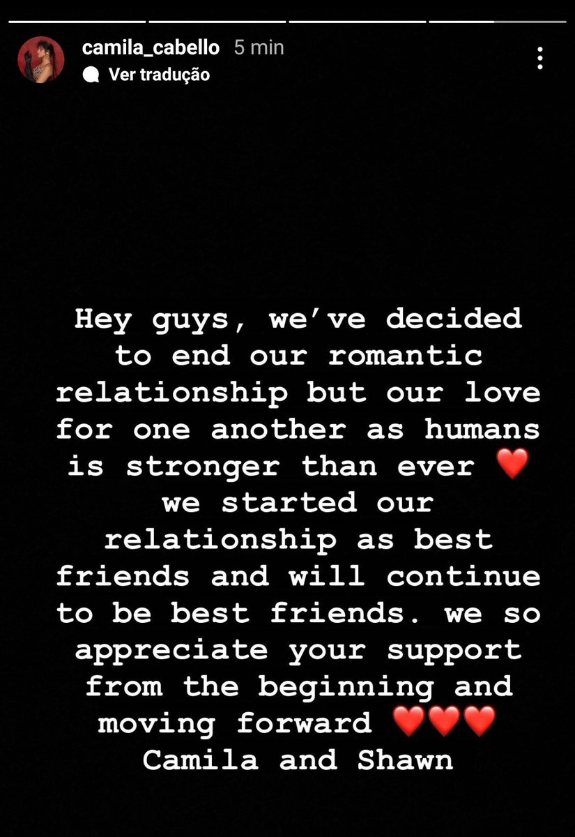 maytavares21's tweet photo. Após rumores, Shawn Mendes e Camila Cabello acabam de publicar nos stories o mesmo texto, confirmando sua separação. Ambos afirmam que continuarão como melhores amigos, assim como quando começaram a relação, e agradecem aos fãs pelo apoio
@Camila_Cabello @ShawnMendes https://t.co/YNiwcxfgDz