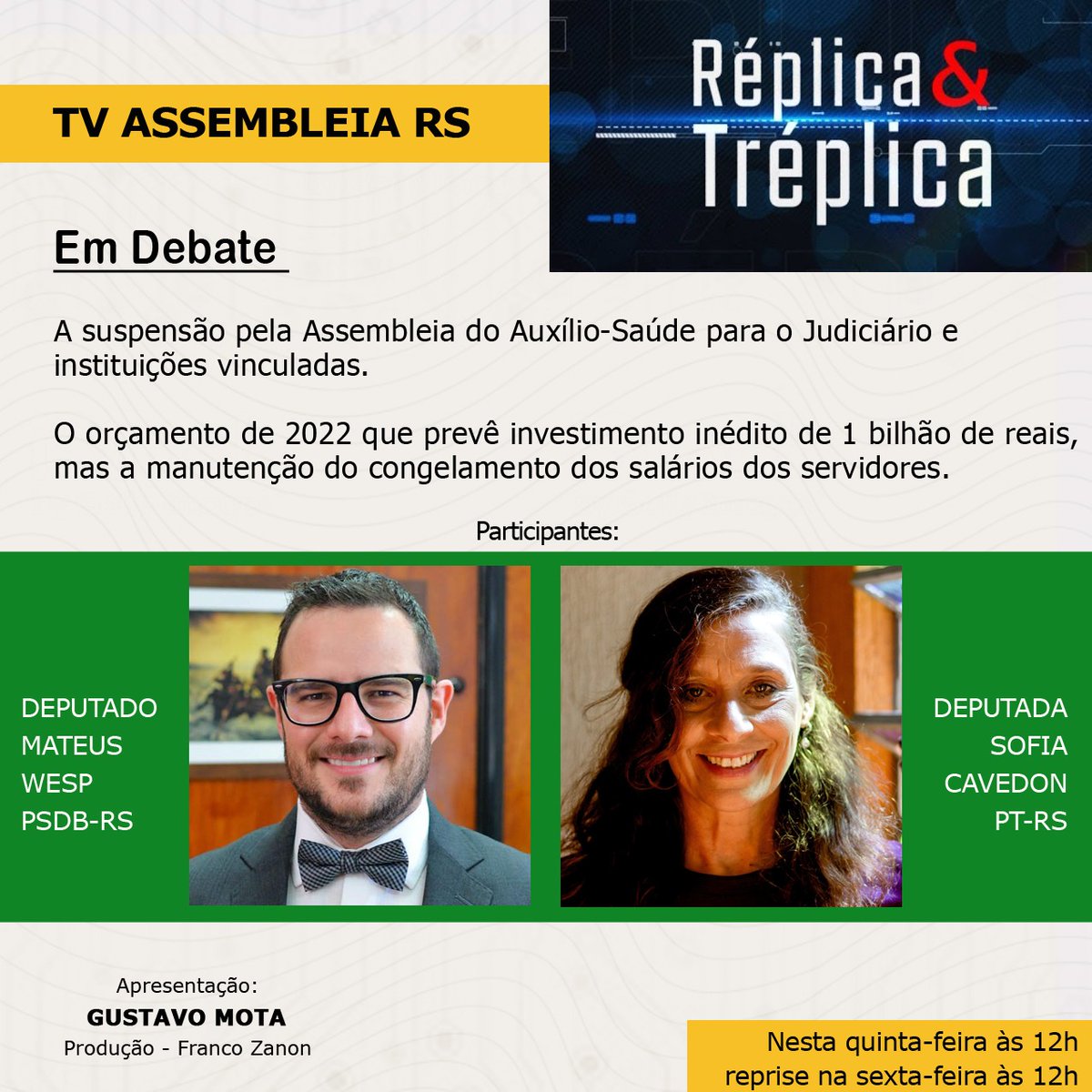 gustavoemota's tweet photo. Acompanhe,com @sofiacavedonPT  e @MateusWesp ,do PSDB. Na TV @AssembleiaRS . https://t.co/YS91y1MMFL