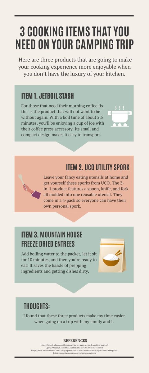 DMCEAdventures's tweet photo. Camping appliances and utensils are needed to enjoy our meals in the wild. Maybe there are some that you don't know about! This infographic lists a few items that can make your camping experience a little easier! #CampMeals #CookingWithFire 🍴⛺️ https://t.co/IL0j72Fvgd
