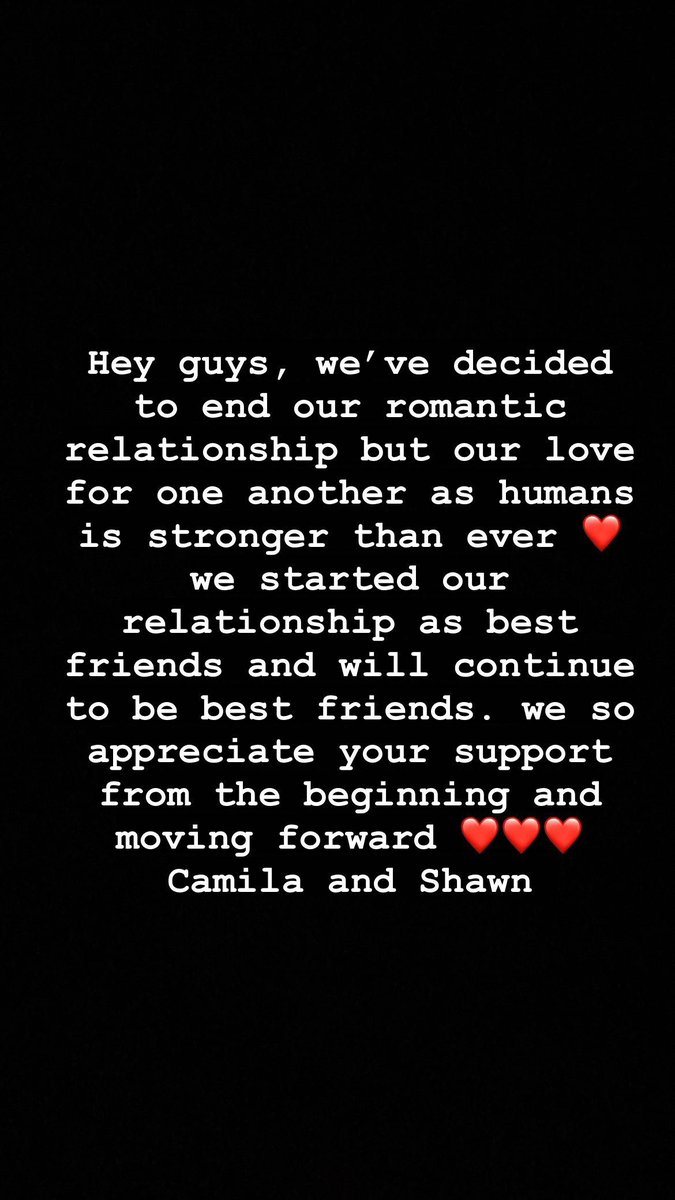 ShawnUpdatesSA's tweet image. 💔| Shawn Mendes y Camila Cabello finalizaron su relación romántica 

'Hola chicos, hemos decidido terminar nuestra relación romántica.. comenzamos nuestra relación como mejores amigos y seguiremos siendo mejores amigos.' — Shawn y Camila vía Instagram stories.