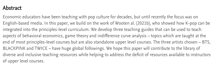 benleo_econ's tweet photo. For behavioural econs out there who are looking for fun, new ways to teach game theory using K-Pop!!!, check out this paper, with teaching guides. (by @WayneGeerling @Wootenomics @equima and Elaine Rhee)

https://t.co/2B8cndUyNv https://t.co/lnohAOuiXH