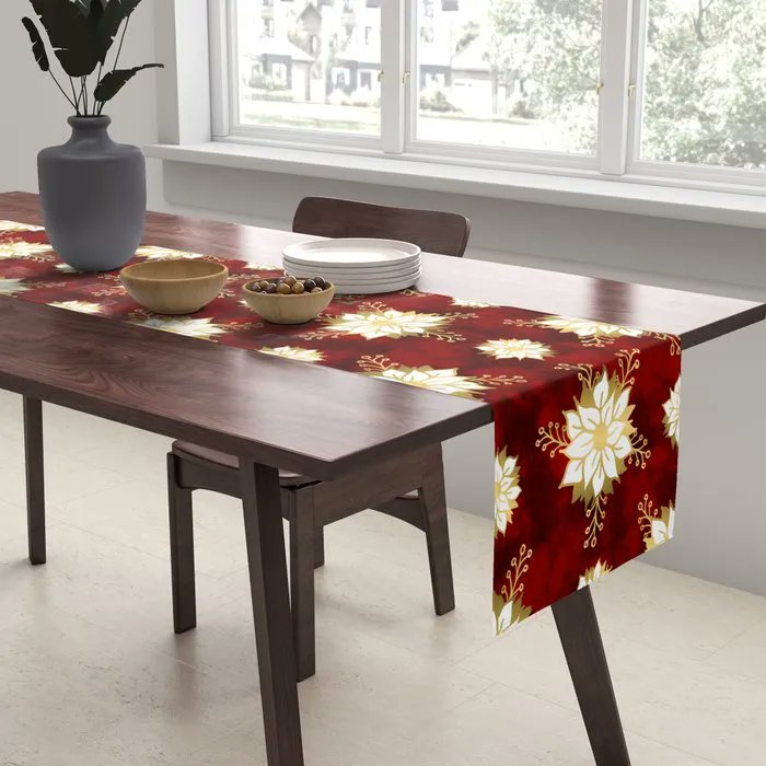 Perfect for your holiday dinner table! #Holiday #Poinsettia Pattern #White #Gold #Red #TableRunner buff.ly/3qQ9RfQ #homedecor #holidaydecor #christmasdecor #holidaydecoration #christmas2021
