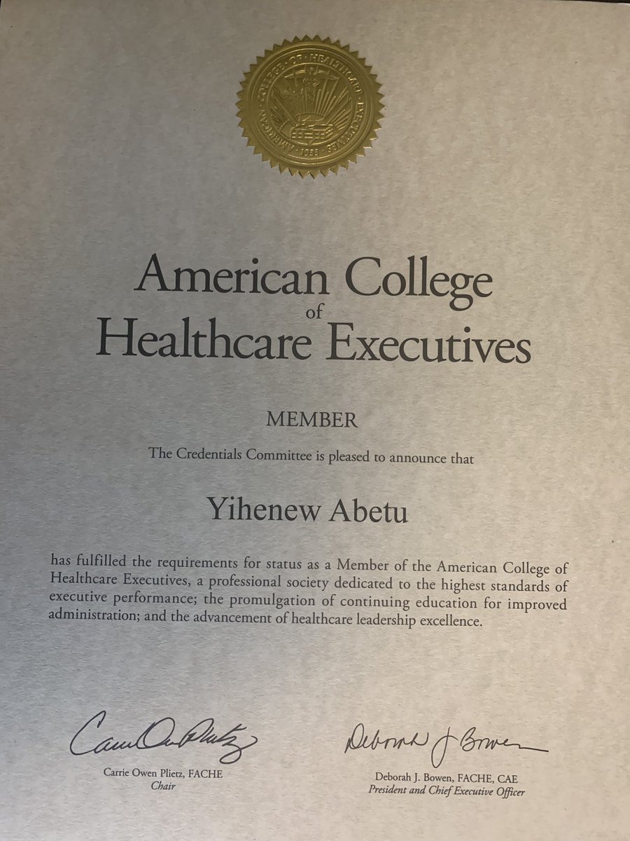 Honored to have been accepted as a Member of the American College of Healthcare Executives as I work toward fellowship. #healthcare #ACHE #healthcareexecutives #healthcareleadership