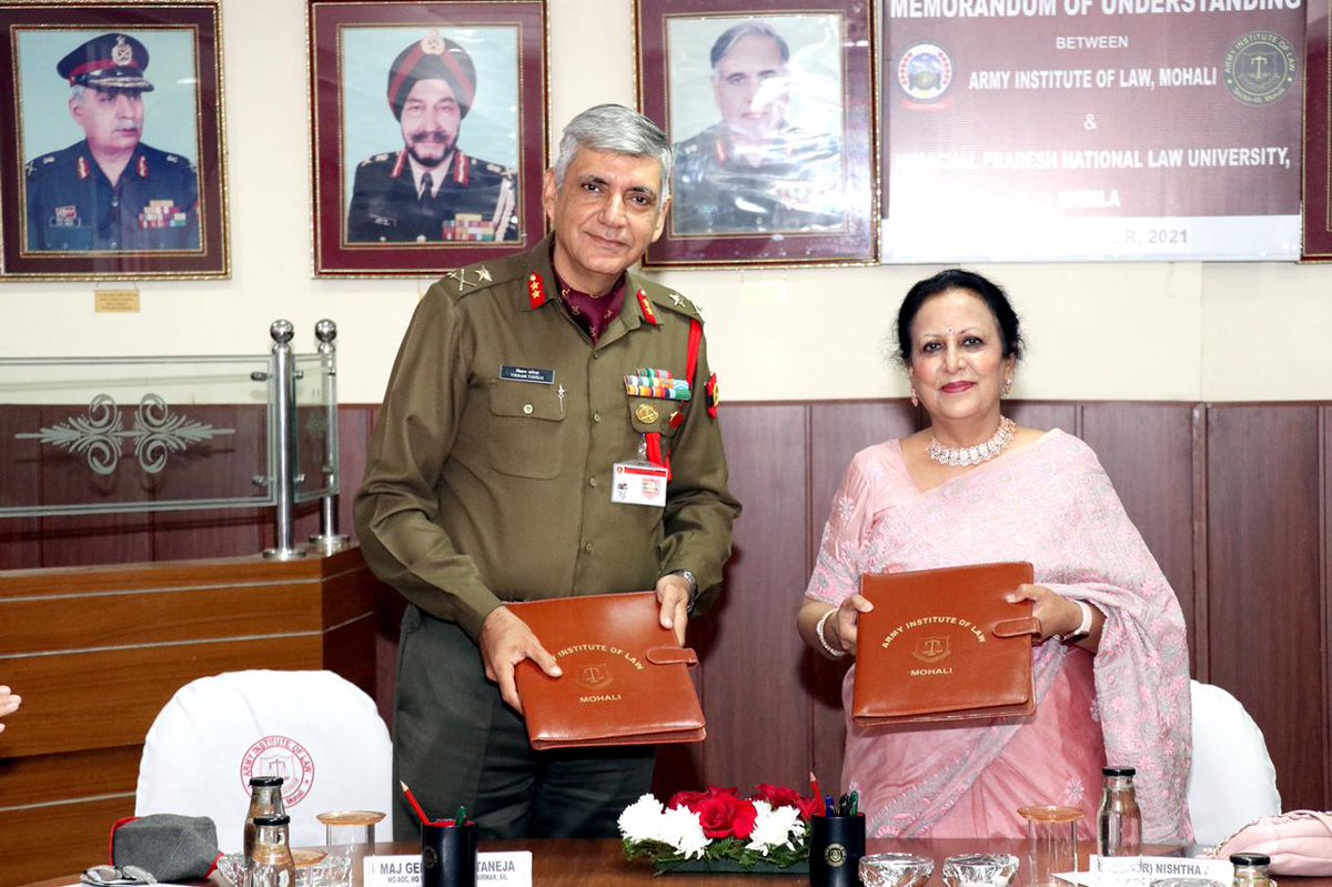 ESMTriservices's tweet photo. A MoU between ArmyInstituteofLaw, Mohali and Himachal Pradesh National Law University, Shimla signed by Chairman AIL &amp; ViceChancellor HPNLU. The MoU will help both the institutes in Student and Faculty Exchange Programmes as also in research opportunities jointly.
@ESMTriservices https://t.co/FRP89rrjSC