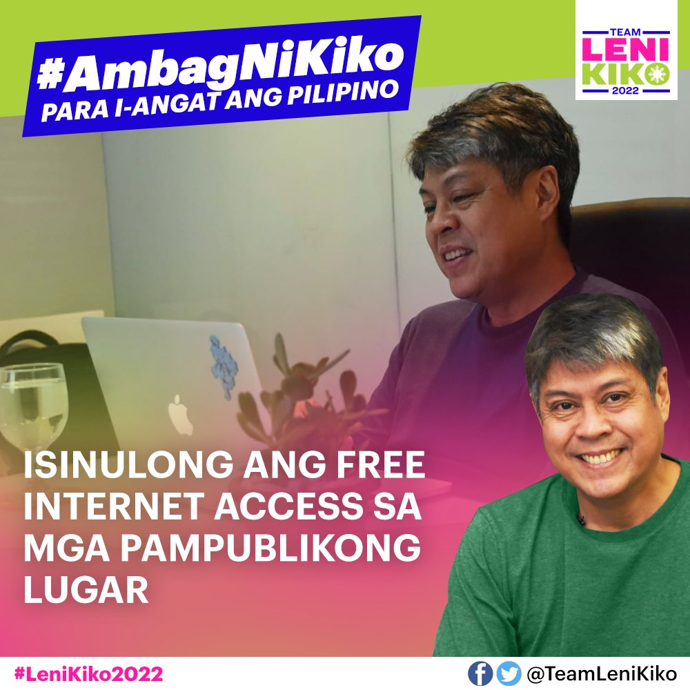 TeamLeniKiko's tweet photo. Isinulong ni Kiko Pangilinan sa Senado ang libreng internet sa iba’t ibang pampublikong lugar sa bansa, tulad ng mga pampublikong paaralan, public transport terminals, public hospitals at public libraries. 

#AmbagNiKiko 
#LeniKiko2022 https://t.co/qrqNVmVf1j