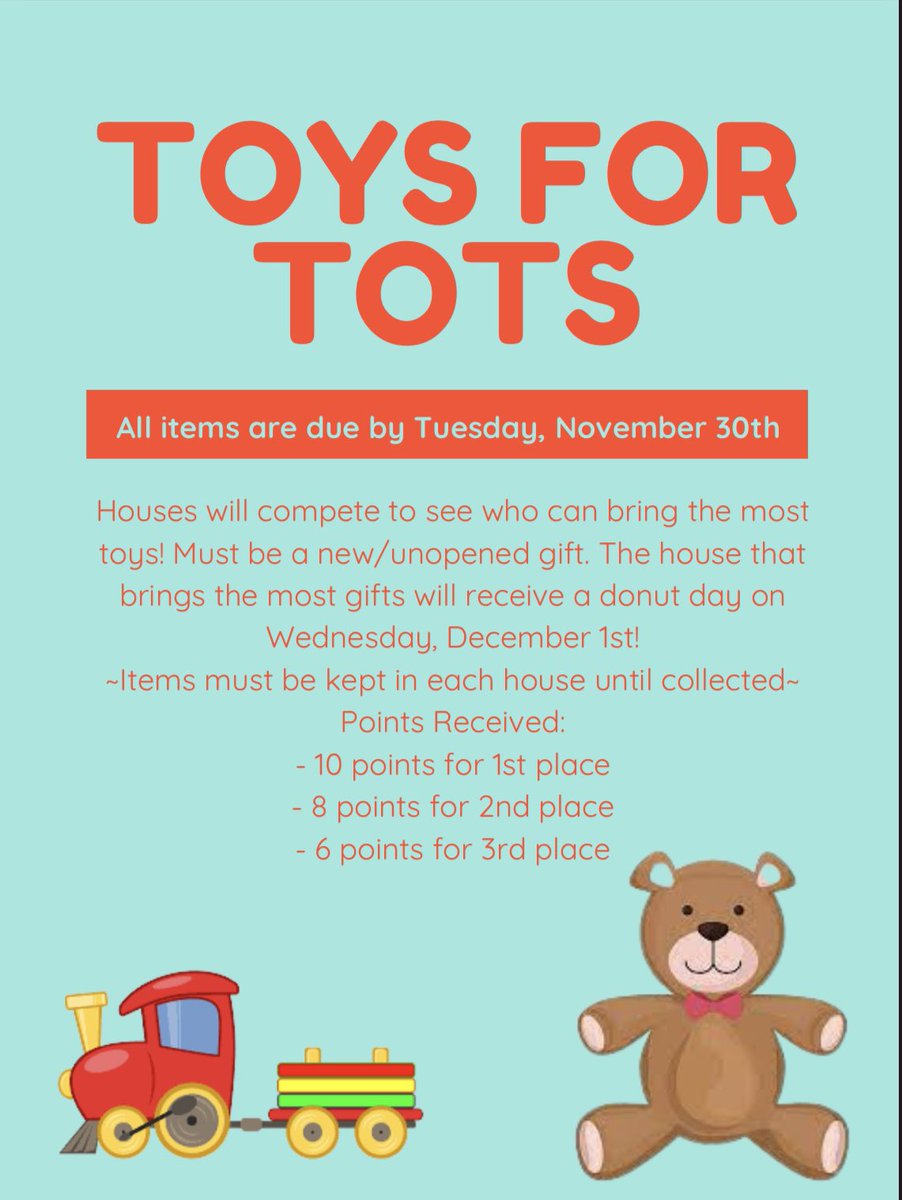 TMPStuco's tweet image. Reminder to bring gifts for Toys for Tots! Let’s help the Jr. High get the Traveling Trophy! The house that has the most items by November 30th will receive a donut day :))
