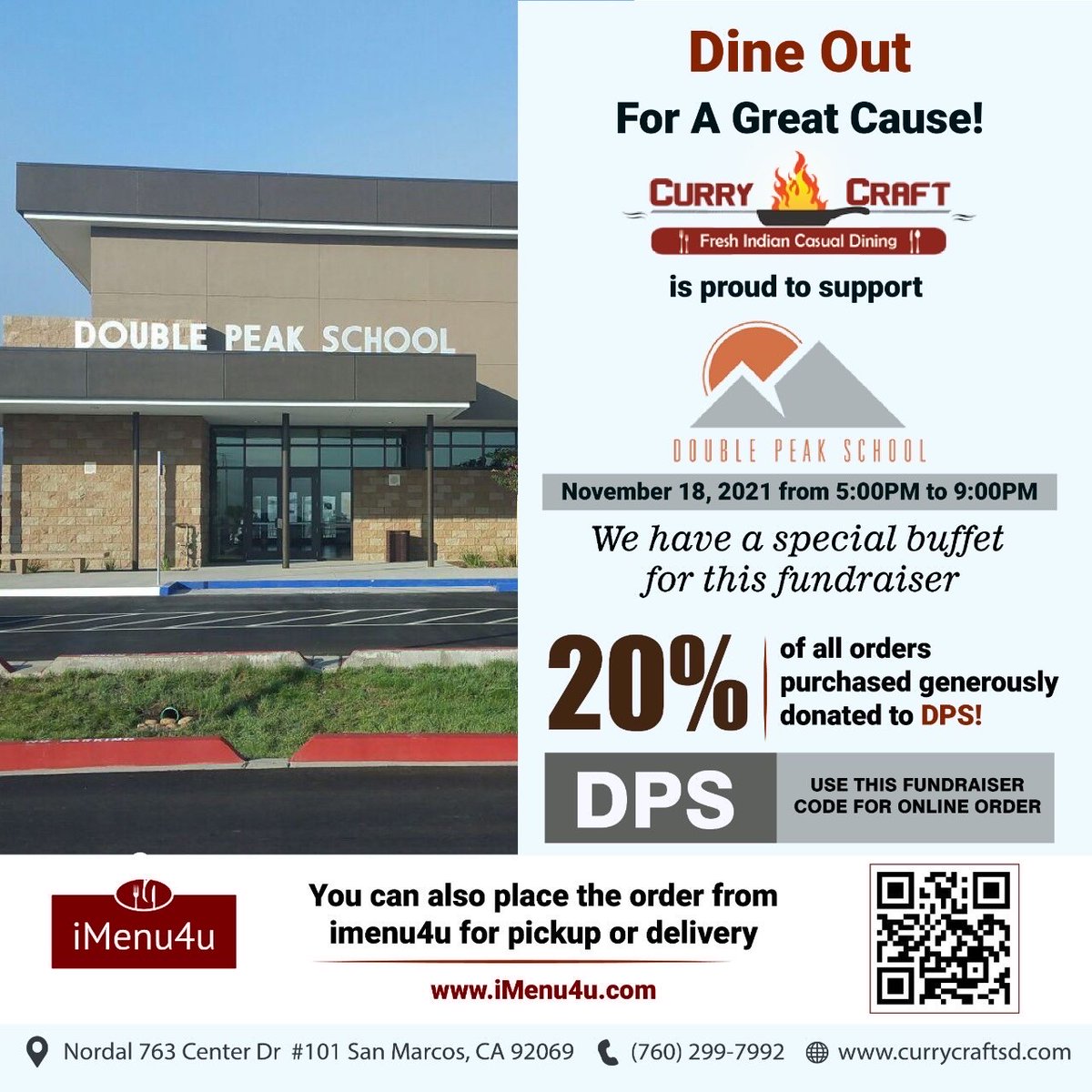 Thursday, November 18 from 5 to 9 p.m. mention Double Peak School! 👍🏼🍲