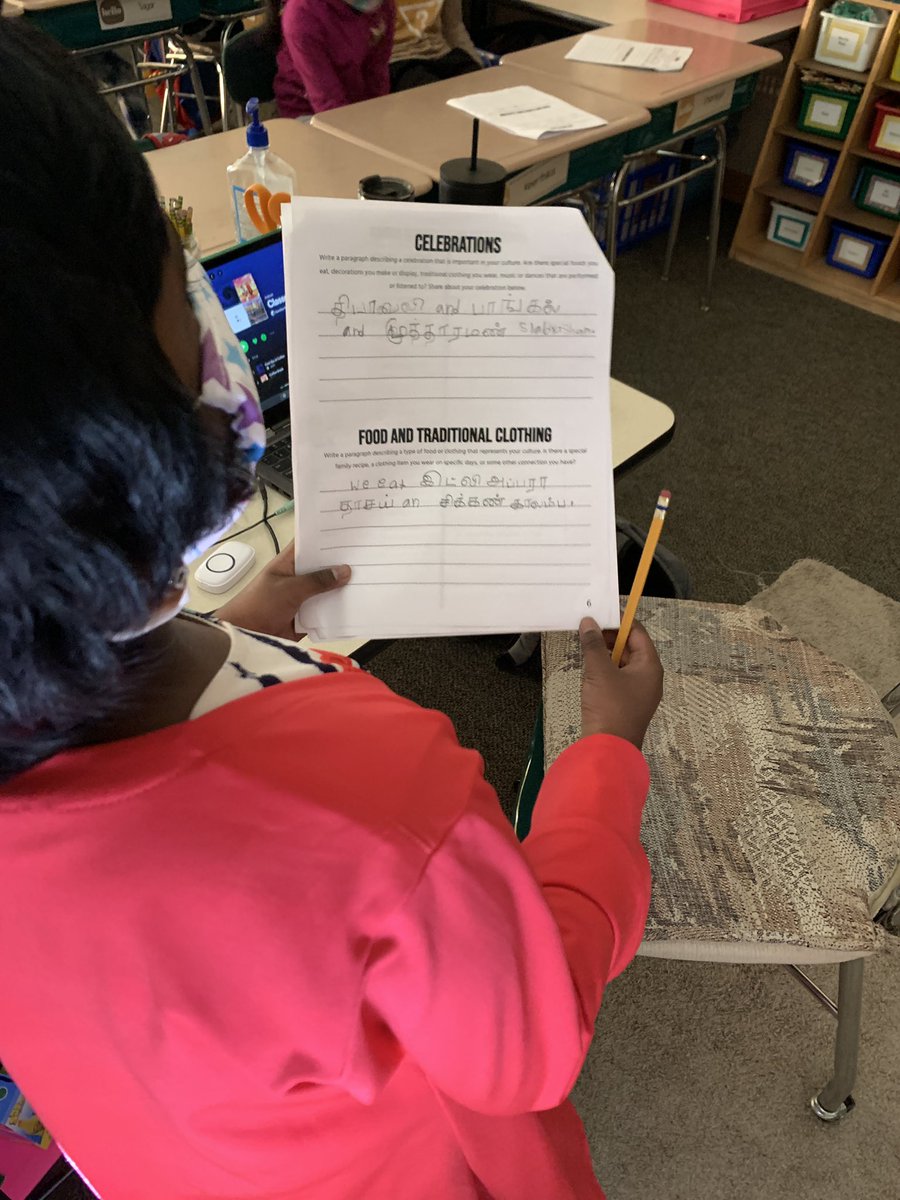 Learning about different cultures and investigating our own. This student wrote down her ideas in her own language and read it aloud to me. Love these learners of mine!!