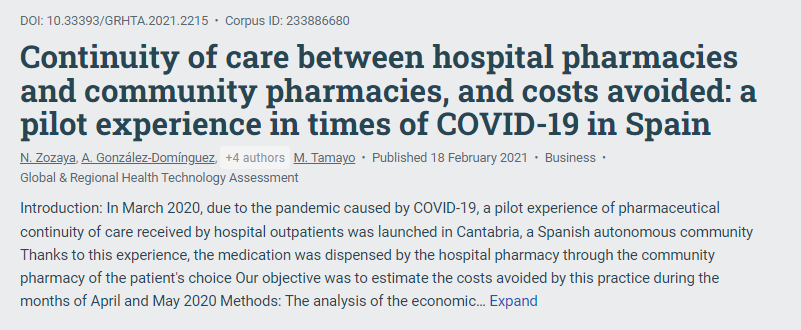 Spain - Research: pilot in 2020 during COVID-19 pandemic, for pharmaceutical continuity of care - medication dispensed in hospitals was provided through the patient’s chosen pharmacy.  loom.ly/z39l3VM <a href="/paulocletoduart/">Paulo Cleto Duarte</a> <a href="/CommPharmacy/">NCPA</a> <a href="/PharmGuildAus/">The Pharmacy Guild of Australia</a> <a href="/PGEU/">PGEU</a>