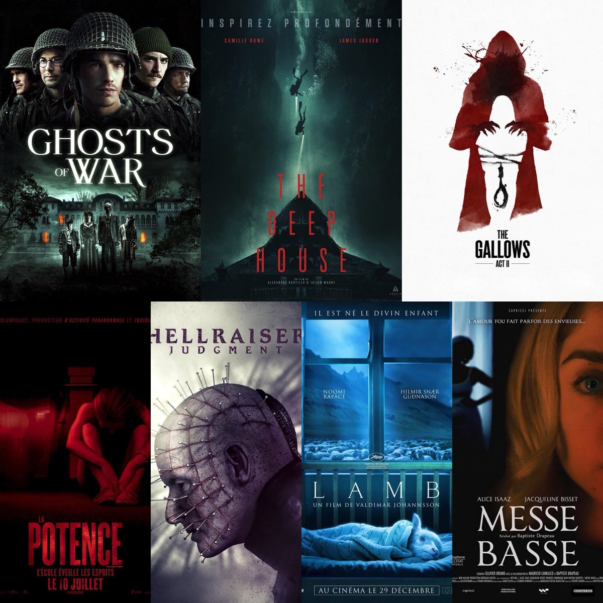 alex_GOTF's tweet photo. Les petits derniers ( Dsl du retard ) 

Ghosts of war 16/20 ✅
The deep House 11/20 ✅
The gallows 15/20 ✅
The gallows act II 15/20 ✅
Hellraiser judgment 5/20 ✅
Lamb 16/20 ✅ 
Messe basse 11/20 ✅ https://t.co/yKQJ5oi91v
