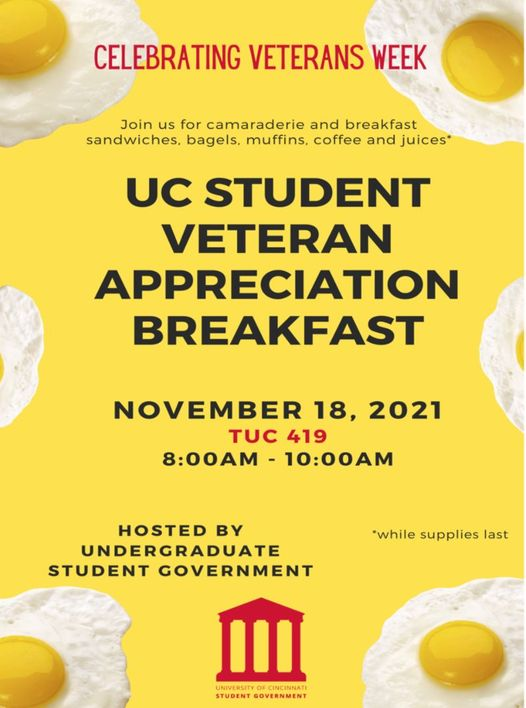 The beat of Veterans Week roles on with the Veteran Appreciation Breakfast tomorrow morning from 8-10. First come, first serve, so get here early before it's all gone! #ucincyvets #uc_vets