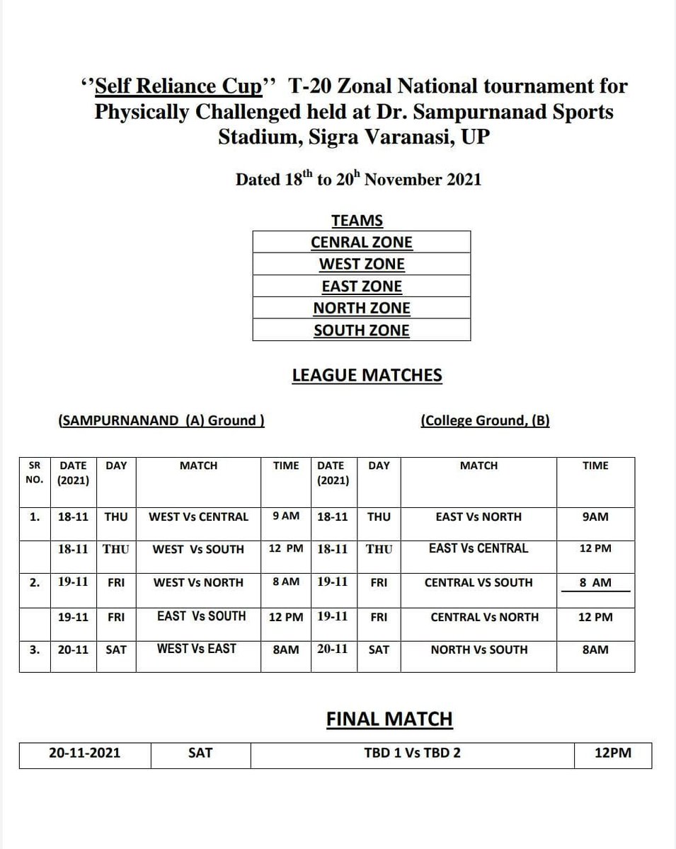 PCCAIofficials's tweet photo. All India Zonal Divyang Champions Trophy-2021
match schedule is now announced!!

#DivyangCricket #ZonalCricket #PDCricket https://t.co/EigHeszpsU