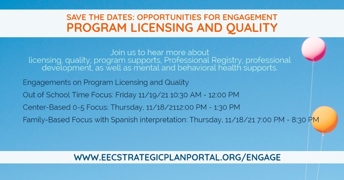 CfceEverett's tweet image. Attend to hear more about the topics discussed in the October EEC Board Meeting - including licensing, quality, and program support efforts These sessions will include additional time when attendees can opt to learn more about contracted supports EEC provides to programs.