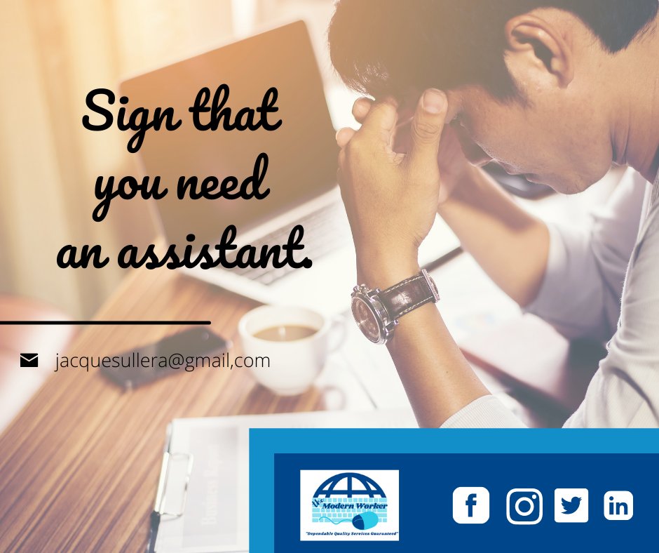Are you burned out with administrative tasks? Can't think appropriately because you are so exhausted? Worry no more, a virtual assistant will do it for you. I can do it for you.

Contact me now and let's talk.
E-mail me at jacquesullera@gmail.com

#dependableva #virtualwork