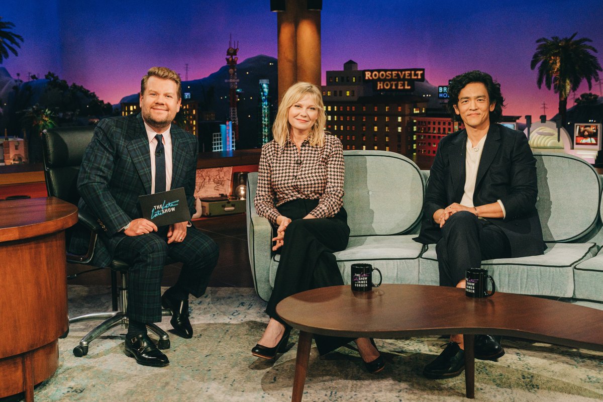 latelateshow's tweet photo. Slip into a smoooooth #LateLateShow tonight with @kirstendunst and @JohnTheCho! https://t.co/xTDZb1DjjN