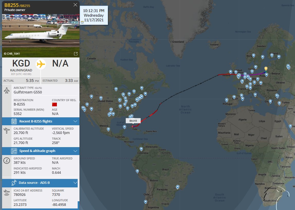 FlconEYES's tweet photo. 🚨🛰️ NARCOS VOLANDO, #B8255 Gulfstream G550 como B8255 #HEX780926 Jet desde Kaliningrado, Rusia a la Habana. #AvGeek #ADSB #Aviation #OSINT #17Nov https://t.co/Z4ukmQwzzT