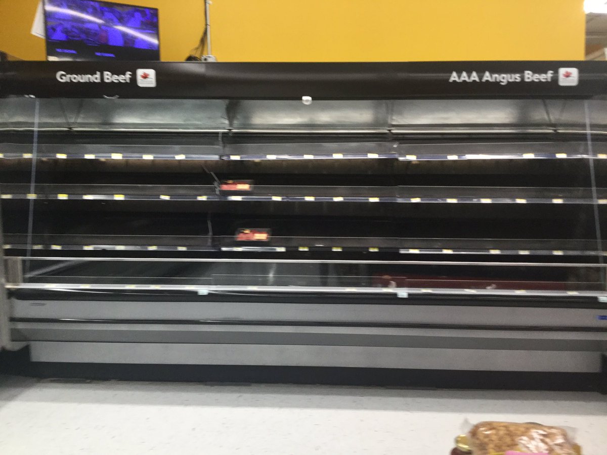 tiffspooner's tweet photo. @Shoppergurl1 @AshleyBurr_ @CityNewsVAN @Walmart People are starting to panic buy this was the meat section earlier today and there was some chicken too https://t.co/ijGUQQ6au3