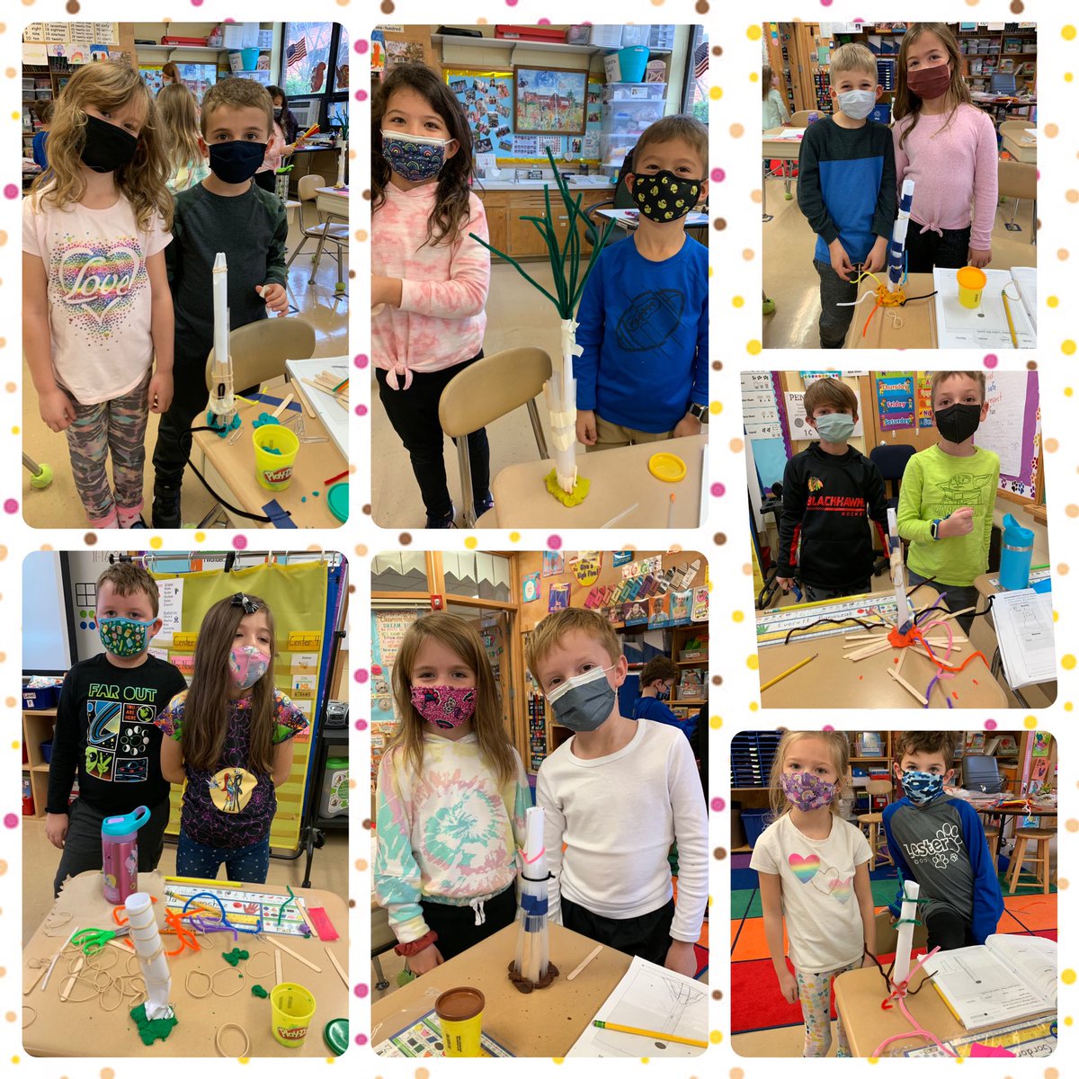 1st graders having fun engineering ways to make their tower (tree) stand up by building a root system. #dg58pride #LEchoosesHAPPY