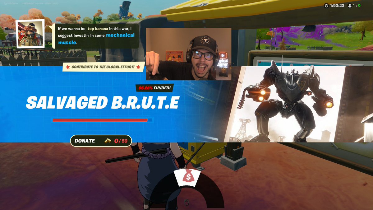 TypicalGamer's tweet photo. WE WANT DESTRUCTION! #FundTheMech

Donate all your gold to the Pleasant Park mech so we can unvault it ASAP! 

Watch live: https://t.co/PkWRReGODd https://t.co/xWNBKTjpiE