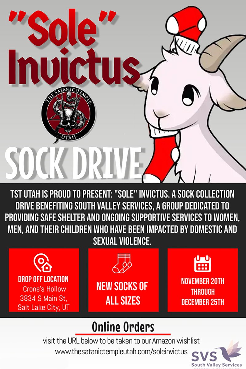 TheTSTTempleUT's tweet image. TST Utah is proud to present: "Sole" Invictus. A Sock collection drive benefiting South Valley Services, a group dedicated to providing safe shelter and ongoing supportive services to women, men, and their children who have been impacted by domestic and sexual violence.