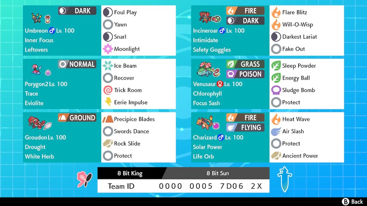 8BitKingGaming's tweet photo. This #PokemonVGC Sun Team is BUSTED, played 5 games with it in #MasterBallTier , and won all 5, its insane! Feel free to use the rental code if you want to play it on #PokemonSwordShield and ill post the #pokepaste below as well! 8 hours till #PokemonBDSP 24 Hour Straight Stream! https://t.co/L16lSYy8XK