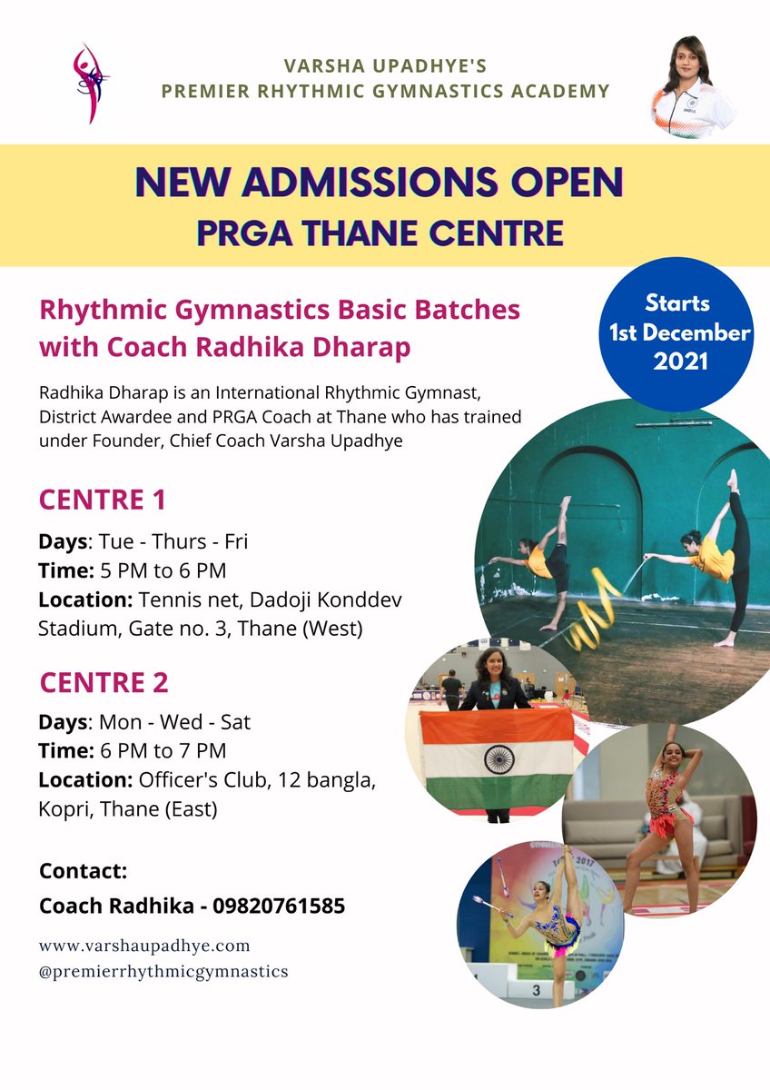 PremierRhythmic's tweet photo. New Admissions Open at our PRGA Dadar and Thane Centres. Lets make fitness their favourite habit!
#rhythmicgymnastics Basic Batches for girls at both centres and #RecreationalGymnastics Batch for Boys at Dadar Centre.
More details in the attached images.
#PremierRhythmic https://t.co/JuN9kbZjin