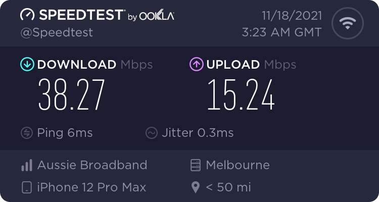 vungyn's tweet image. 400m of @NBN_Australia FTTN copper vs. 800m of @Telstra 5G … 16x the download speeds and for only $6 more! Very impressed!
