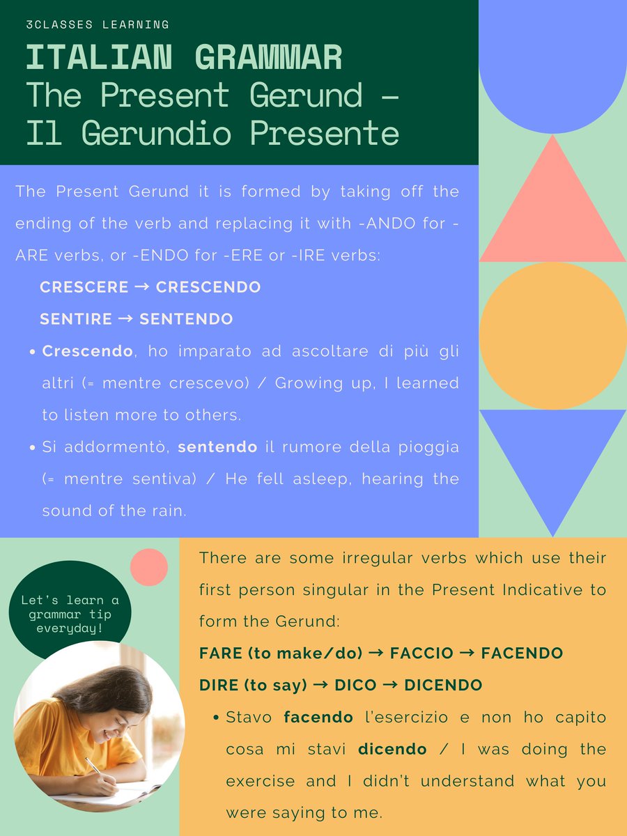 3Classes_com's tweet photo. In Italian the Gerundio (Gerund) is a Mood composed by two tenses: Present and Past.
In general, this is an Indefinite Mood and is used in Progressive forms of the verb or in subordinate clauses. In this grammar tip we focus on the latter use. https://t.co/JEJ6pcVS6j