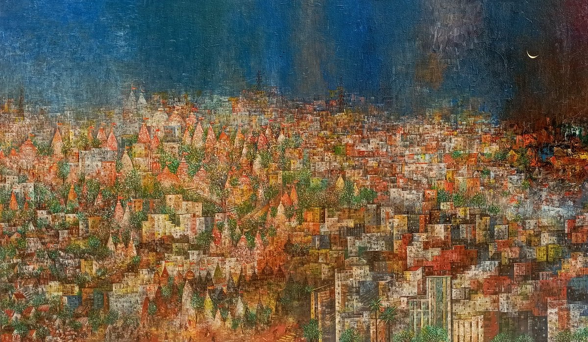 mohank02's tweet photo. Title: Banaras City, Acrylic on canvas, 36 x 60 in. https://t.co/pxLy3Vh1I2