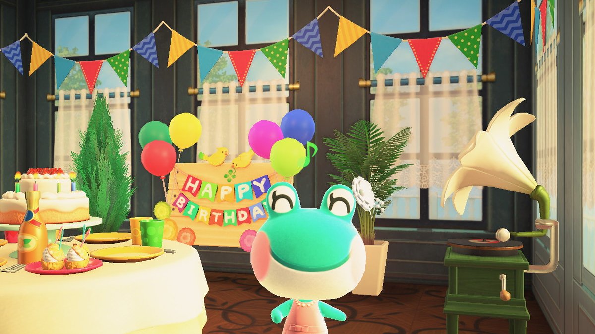 nerdyacnh's tweet photo. Fast foward to celebrate Tia's birthday! (sidenote why is the flower on Lily's eyeball?) #AnimalCrossing #ACNH #CocoCity https://t.co/dDziEqcsUH