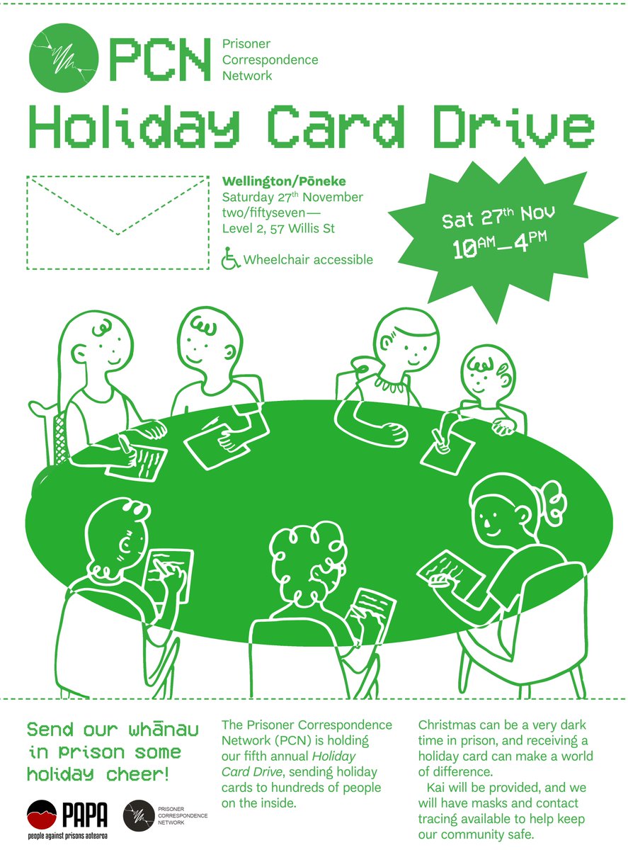 pcnaotearoa's tweet image. Wellington whānau, we’ll be holding our fifth annual Holiday Card Drive to send holiday cards to hundreds of people on the inside. If you’d like to take part, please come along to Two/fiftyseven Level 2, 57 Willis Street, 10am-4pm, Saturday 27th November. facebook.com/events/1573270…