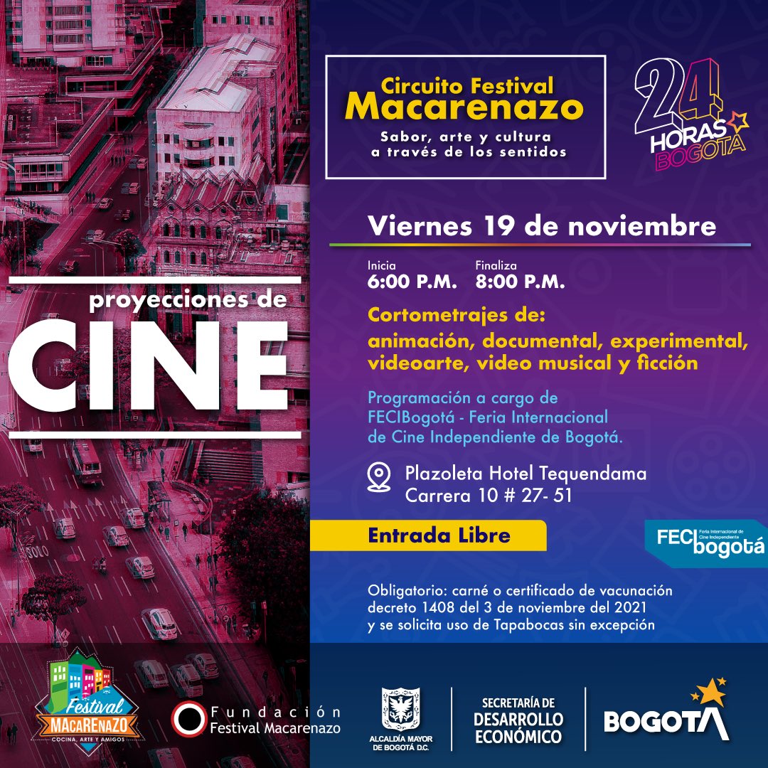 festimacarenazo's tweet photo. ¡Disfruta nuestras proyecciones de cine!

#Cortometrajes en la plazoleta del 🏨 Hotel Tequendama. https://t.co/7IxCsDXNDe