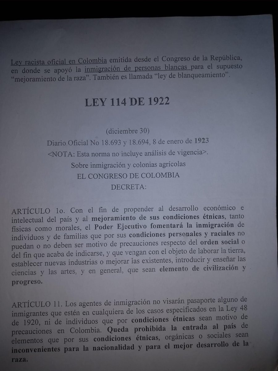 davispoet's tweet photo. Ley de blanqueamiento en Colombia.
Patrocinio del estado para que europeos blancos vinieran y fecundaran a las mujeres negras para “mejorar la raza”. En pro de la mejoría etnica. 

Ley 114 de 1922 https://t.co/MSiAWPOytR