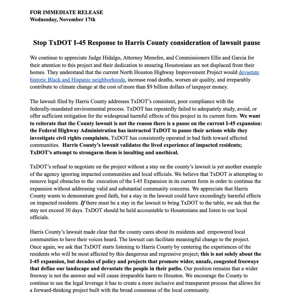 🚨 @StopTxDOTi45's response to Harris County considering a pause in their lawsuit addressing TxDOT's consistent, poor compliance with the federally-mandated environmental process. #hounews