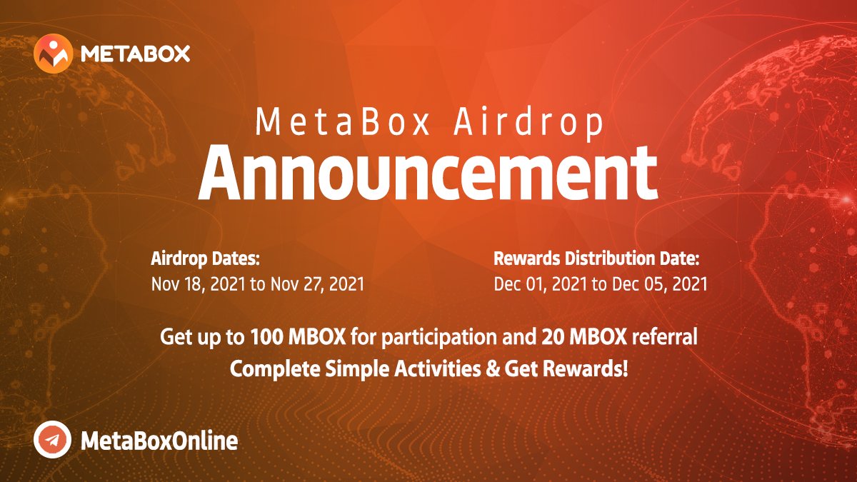 🪂 #MetaBox's #Airdrop Campaign is LIVE now🪂

💰Reward Pool: 1,000,000 MBOX tokens.

1️⃣Do 5 tasks
2️⃣Get 100 MBOX tokens
3️⃣Refer more to earn more

🚀Airdrop Link: t.me/MetaBoxAirdrop…
🗒Rules: reddit.com/r/MetaBox_Off/…

Good Luck guys!