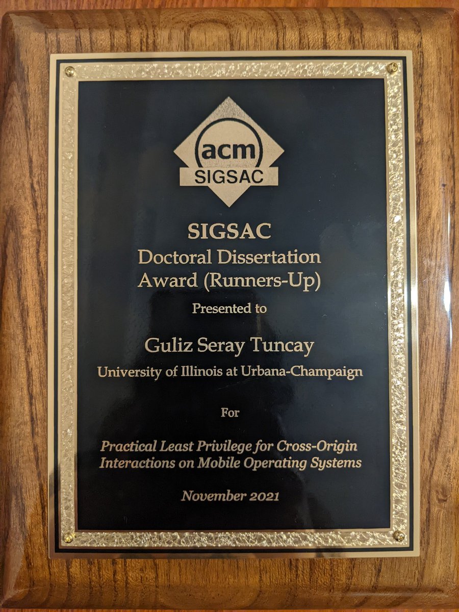 gulizseray's tweet image. I am honored to receive the ACM SIGSAC Doctoral Dissertation Runner-up Award for my Ph.D. thesis on mobile operating system security. Thanks everyone who has been a part of my Ph.D. journey at UIUC ♥️
 #acm #sigsac #ccs2021 #ccs #phd  #android #security #uiuc @IllinoisCS @acm_ccs