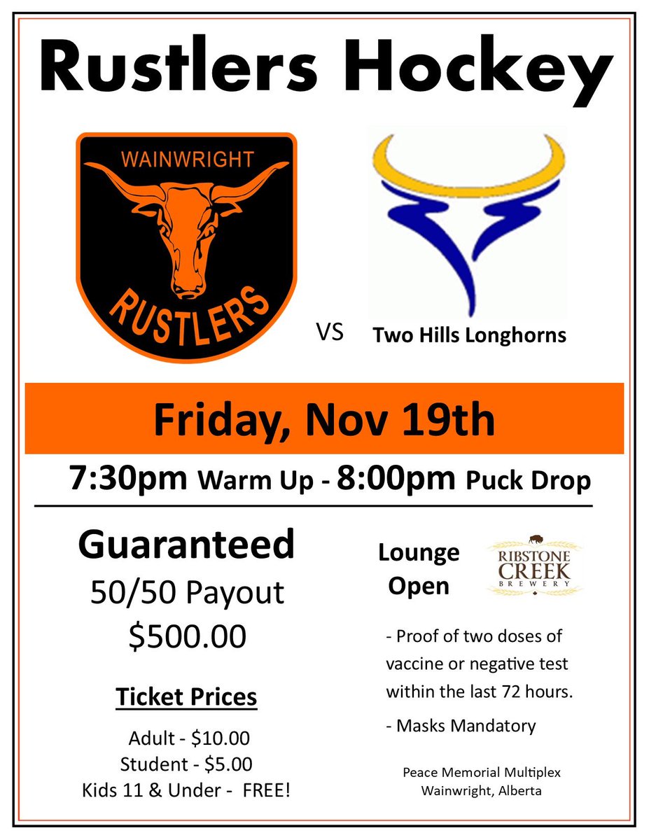 HOME OPENER FRIDAY!!

The Rustlers host <a href="/SAHL_Longhorns/">Two Hills Longhorns</a> Friday Night! 

🥅 Friday November 19th
⏰ 8:00pm - Puck Drop.
💰 Minimum $500+ 50/50 Payout!!
👫 Kids 11 &amp; Under FREE!
🥃 Lounge Open! Proudly Serving <a href="/RibstoneCreek/">Ribstone Creek</a> 

Come on out and support local hockey! 

#WWRustlers