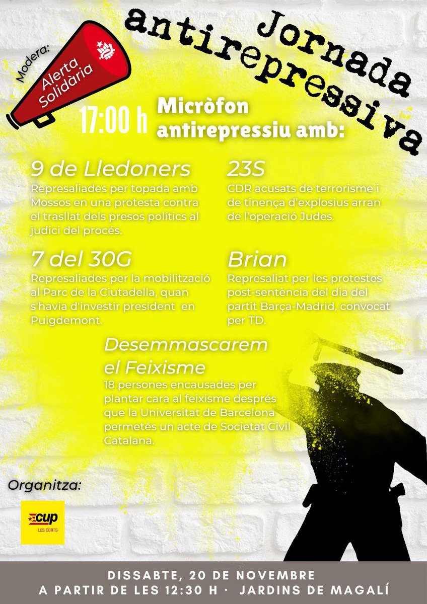 els7del30G's tweet photo. Dissabte 20N, a 5 dies del judici, on serem?
A casa segur que no! Acompanya'ns!

A les Corts:
📌17h Taula de grups de suport, als Jardins de Magalí
📌20h Foto solidària, a l'@ateneulescorts
A Sants:
📌21h Sopar antirepressiu al @jaume_compte 

Mou-te tu també contra la repressió! https://t.co/IkSx16UC5d