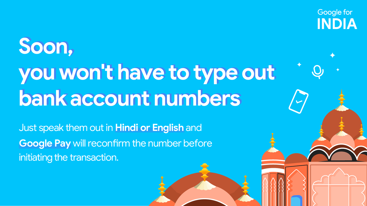 GoogleIndia's tweet photo. Speaking >>> Typing 💬  
You'll soon be able to use your voice while making direct transfers to bank accounts on @GooglePayIndia.

Hear @kenghe speak about it at #GoogleForIndia. https://t.co/bSnQJYgEZz