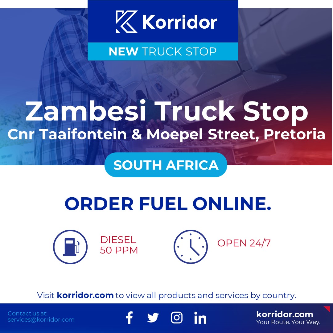 Order Fuel online with Korridor at Zambesi Truck Stop, Cnr Taaifontein &amp; Moepel Street, Pretoria, South Africa.
#Technology #Logistics #Transport #Transportation #Freight #FleetManagement