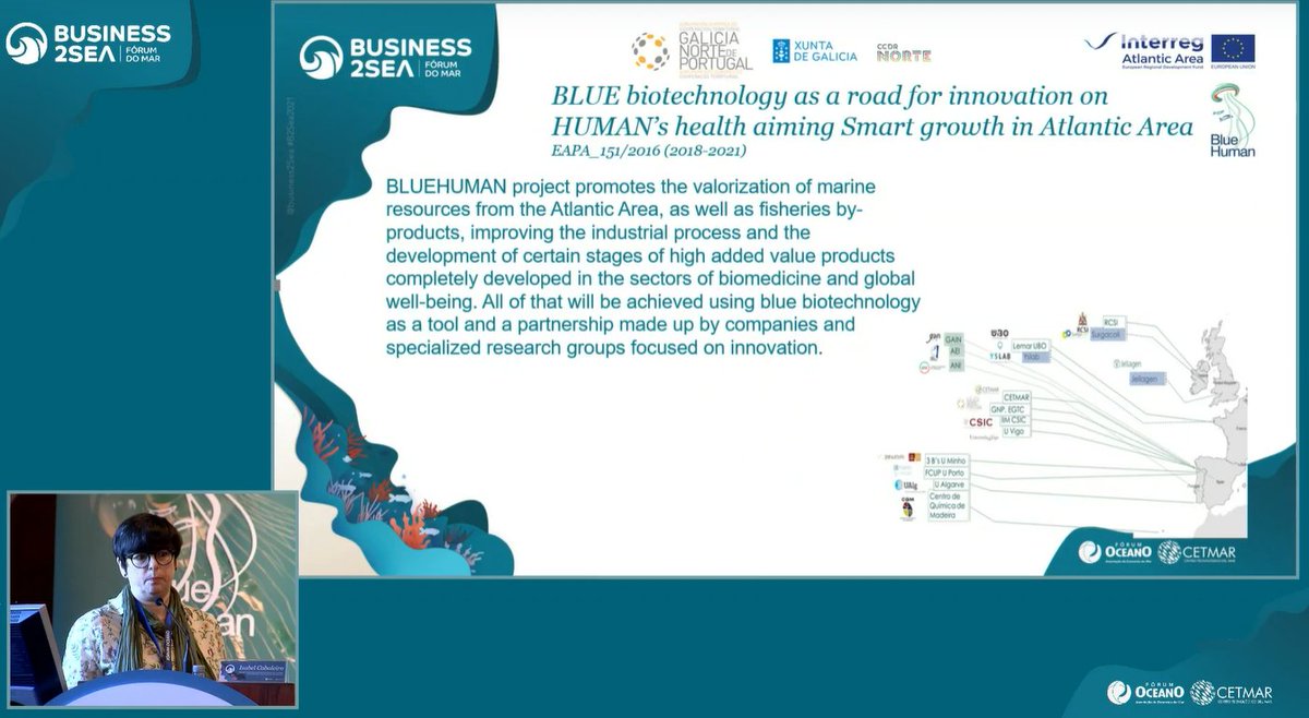 business2sea's tweet photo. Isabel Cabaleiro, Project Officer, @GNPAECT, presenting #BlueHuman project, Blue #biotechnology as a road for innovation on human´s health aiming smart growth in @AtlanticArea.
#B2Sea2021 https://t.co/RFvig6s0tU