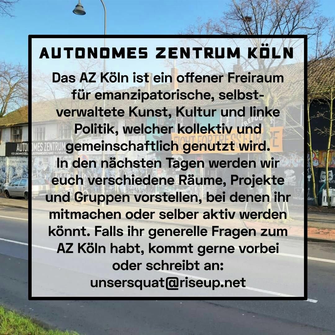 unsersquat's tweet photo. Das #AZ #Köln #AZKöln stellt sich in den kommenden Tagen via #socialmedia vor: (1)
#keintagohne #azbleibt #wirbleibenalle #besetzen #rabaz #freiraum #autonom https://t.co/rT4PiaYjen