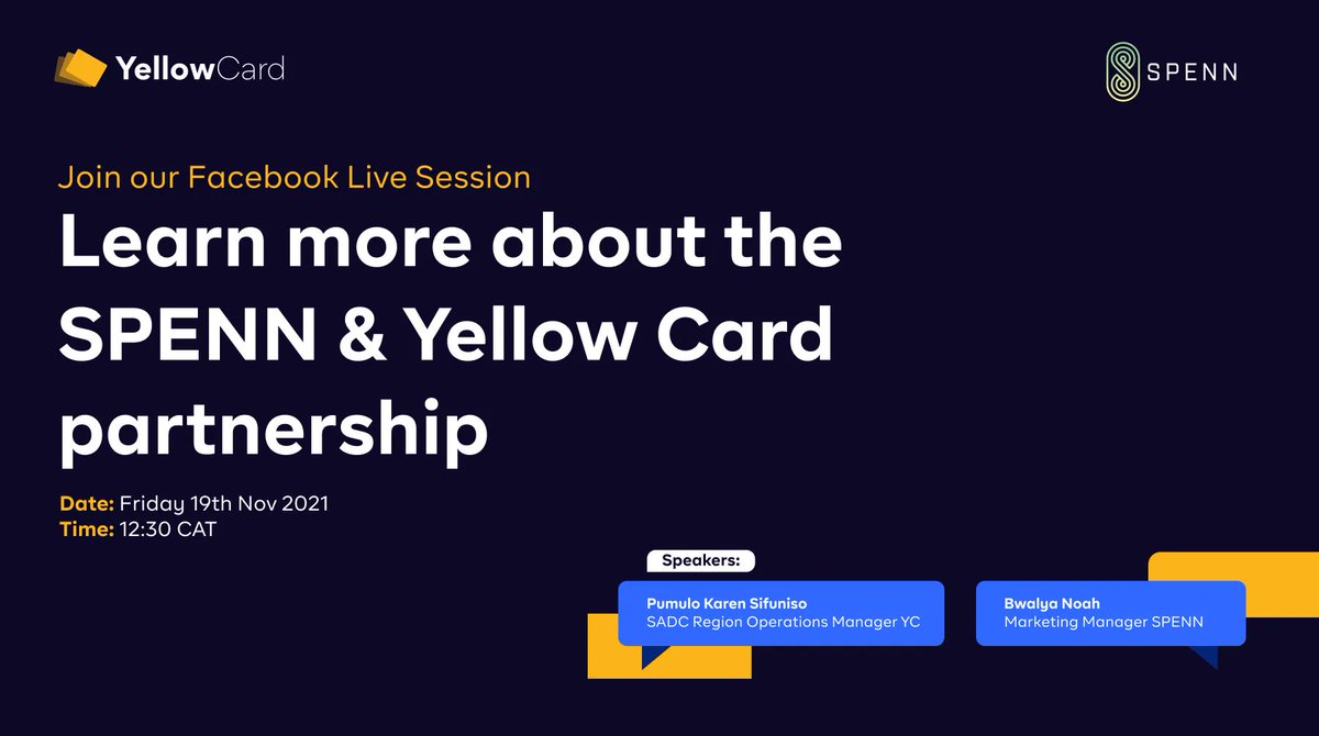yellowcard_app's tweet photo. 🇿🇲 We have organized a Facebook live event in collaboration with SPENN. Join us on Nov 19 at 12.30 pm CAT to learn about this partnership. 😀 Prepare questions in advance if you have any. https://t.co/gxKcc4puVS #gocryptowithyellowcard #justSPENNit #facebookliveevent #Zambia https://t.co/phWT9cVeBt