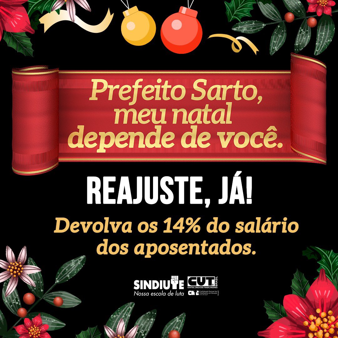 SindiuteFor's tweet photo. O nosso cartão de Natal está pronto, prefeito @sartoprefeito12! E vamos emtregá-lo hoje )8h, no Paço Municipal). O Natal dos trabalhadores da educação e dos aposentados depende de você. Dê o nosso reajuste e devolva os 14% dos aposentados. https://t.co/n1T0JmoDju
