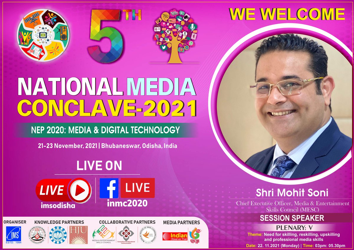 imsnmc's tweet photo. The more we give importance to skill development, the more competent our youths will be. Hear from CEO of @mesc_india @Mohitsoni98 at #NMC2021. #PLENARYSESSION-5: Need for skilling, reskilling, upskilling and professional media skills. #MediaConclave #MediaMahakumbha #IMSOdisha https://t.co/VCXmNgIFSR