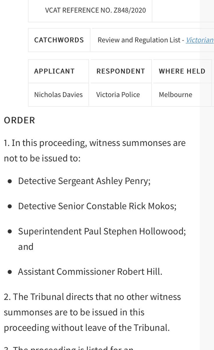 Ben10Cook's tweet photo. VCAT gives VicPol “the right to remain silent”.  This is the VCAT order stopping police from being witnesses. The officers were going to be asked if they interviewed Dr Brett Sutton about I Cook Foods, and if he knew about $800,000 that’s unaccounted for. https://t.co/lfVm4fLKmX