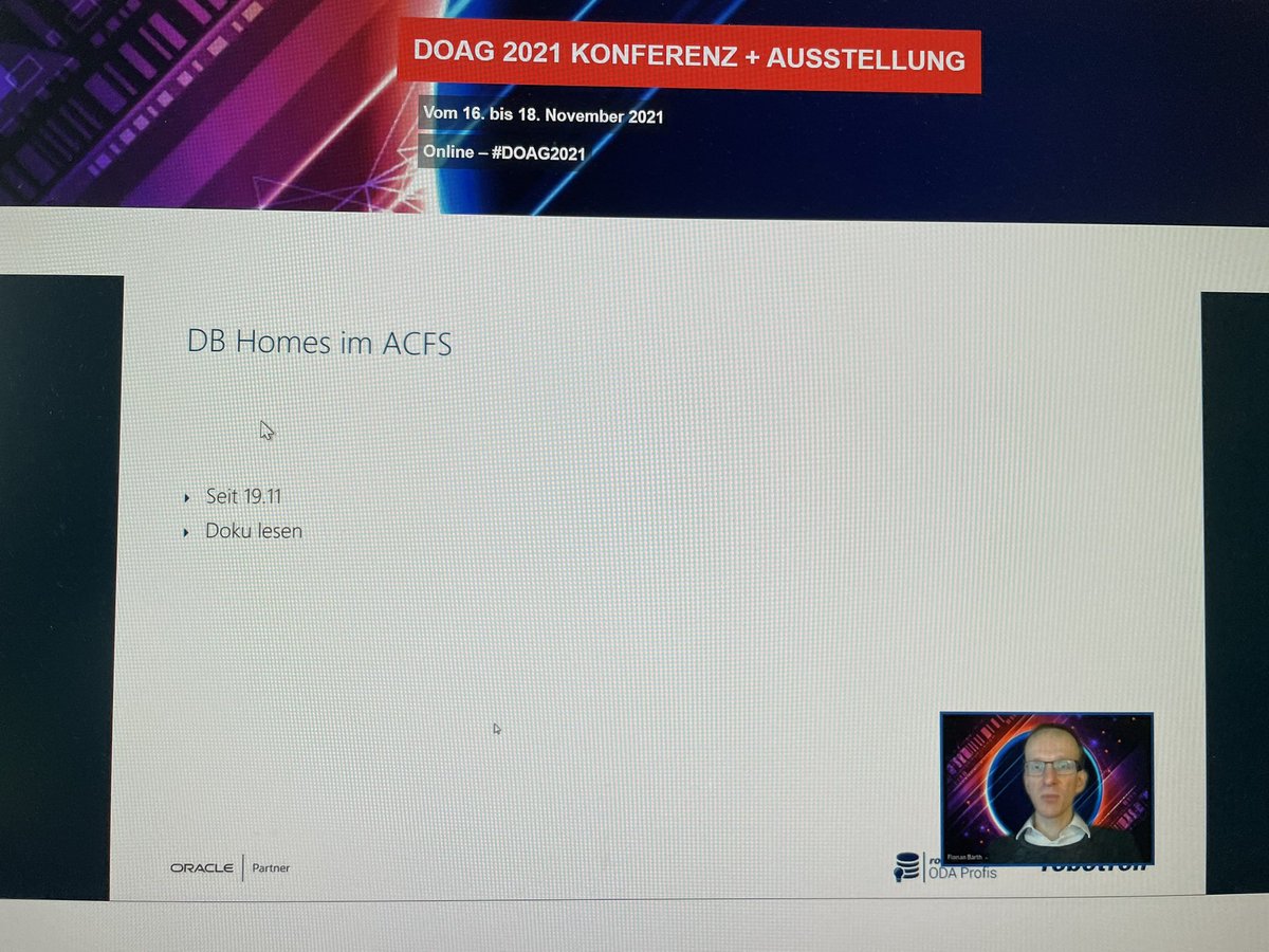 JoergSobottka's tweet photo. @Flob_O stellt die aktuellen #OracleDatabaseAppliance Features an der #DOAG2021 vor. Mit Tipps und Tricks. https://t.co/nSS2hwh9j5