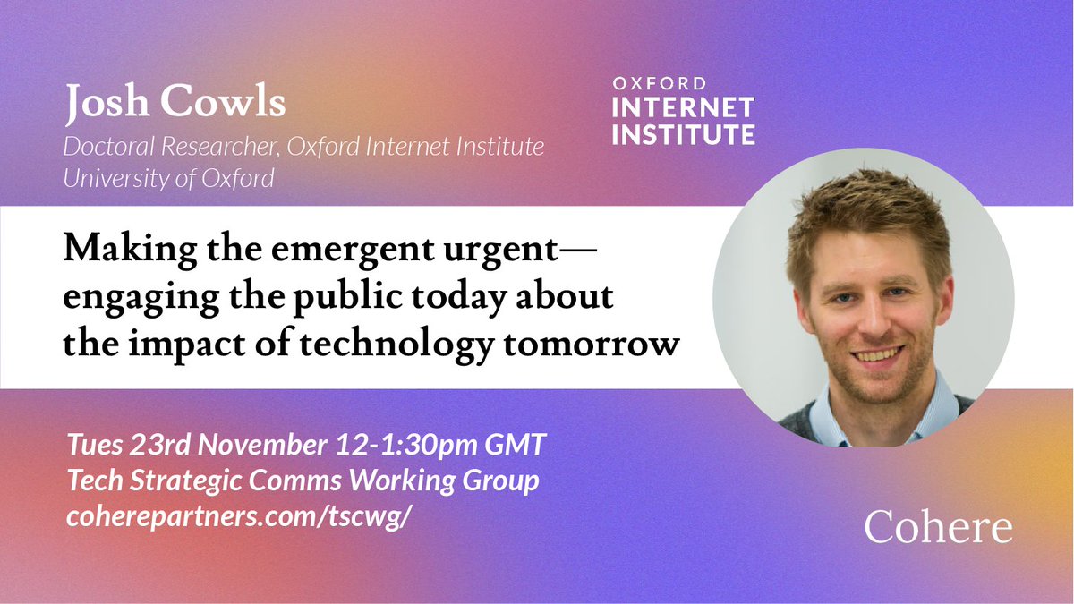 CoherePartners's tweet photo. Today we will be hearing from Hannah Kitcher, Ada Lovelace Institute, and Josh Cowls, Oxford Internet Institute, for ‘Democratize the Future: putting people at the heart of tech’

Get involved with the Tech Strategic Comms Working Group: https://t.co/a5AFGoEyf3 https://t.co/p97Hjr3KwT