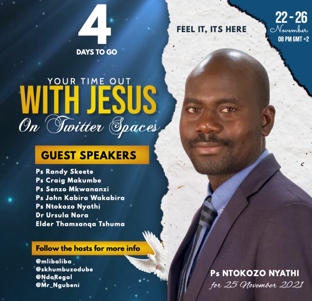 skhumbuzodube's tweet photo. Just 4 days to go.
Follow @mlibaliba, @skhumbuzodube, @NdaRegal, and @Mr_Ngubeni for more details. You don't want to miss this #TimeOutWithJesus
Don't miss out https://t.co/xml7GXWM4j