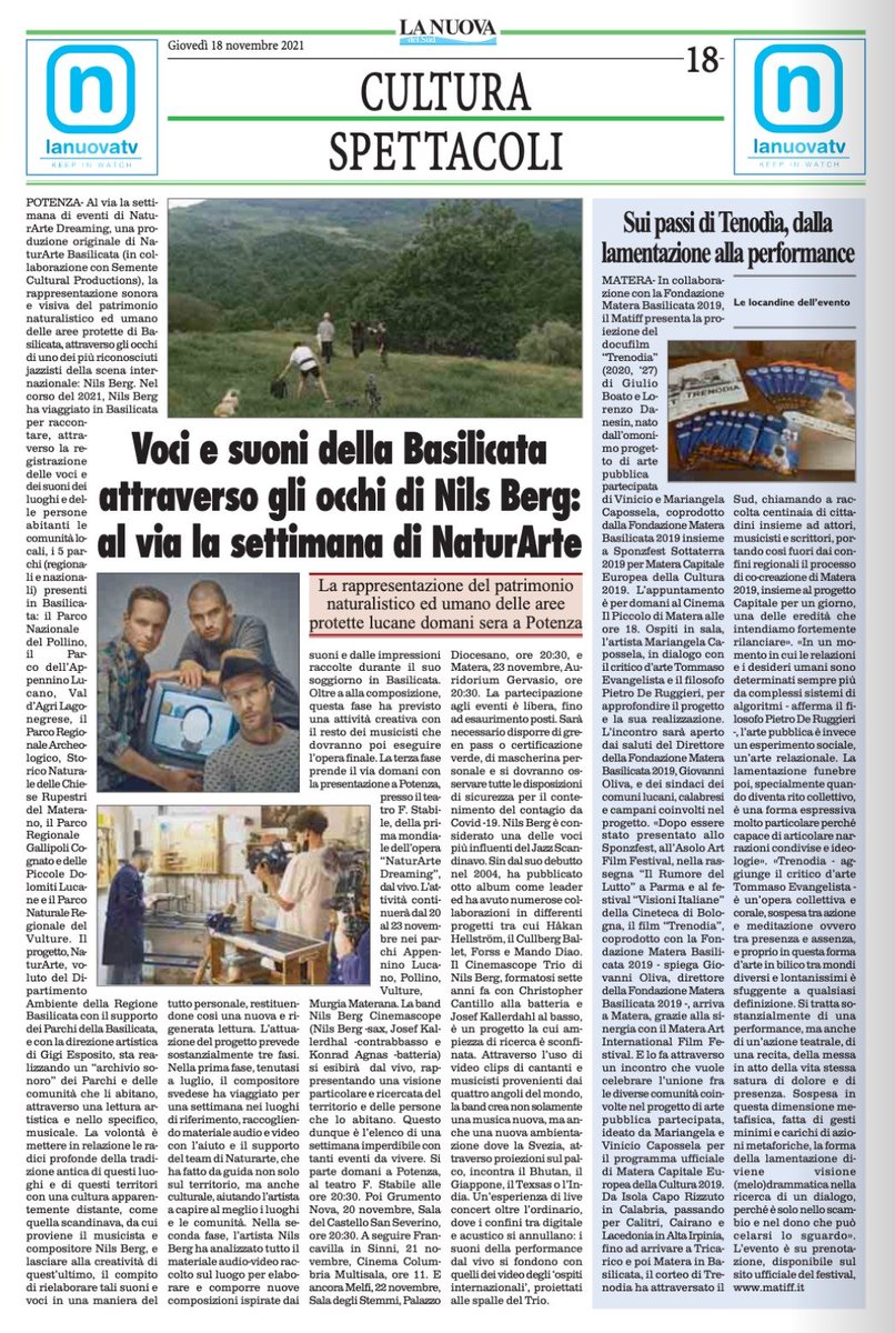 Venerdì 19 novembre 2021 alle ore 20:30 nel Teatro Stabile di Potenza è in programma #Naturarte Dreaming. La prima tappa della rappresentazione sonora e visiva di uno dei più apprezzati jazzisti della scena internazionale: Nils Berg. Informazioni utili 👇🏾
naturartebasilicata.com